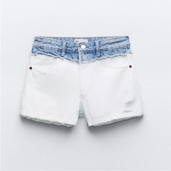NWT Zara Blue & White Color Block Distressed Button Fly Denim Shorts, Size 0 - Picture 6 of 12